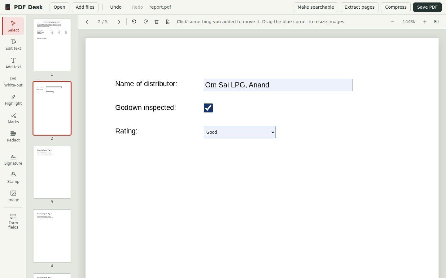 A fillable PDF form in PDF Desk with a typed distributor name, a ticked checkbox and a dropdown set to Good.