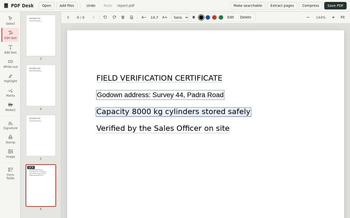 A scanned Field Verification Certificate in PDF Desk after text recognition, with the godown address line being corrected.